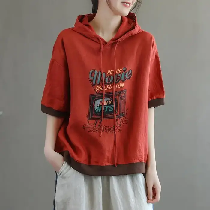 T-shirt à capuche à manches courtes pour femme, vêtement décontracté, mode d'été, Vintage, tout asso