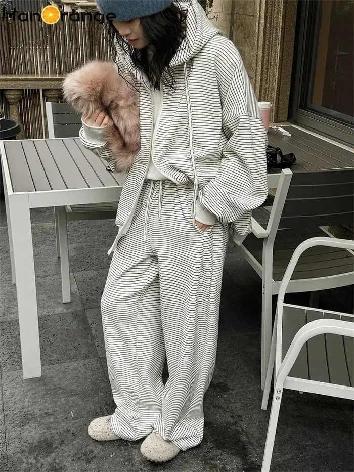 Printemps rétro contrasté rayé sweat à capuche avec fermeture éclair femmes Silhouette ample haut
