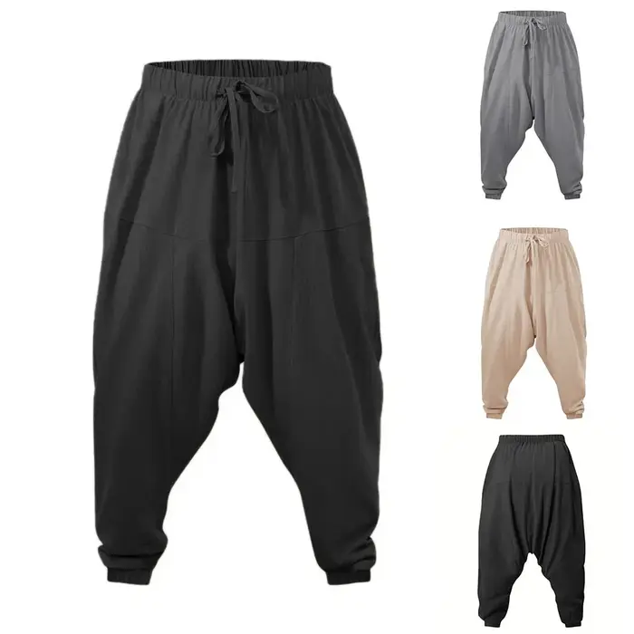 Sarouel pour hommes coton lin entrejambe bas confortable Streetwear coupe ample respirant léger pantalons longs