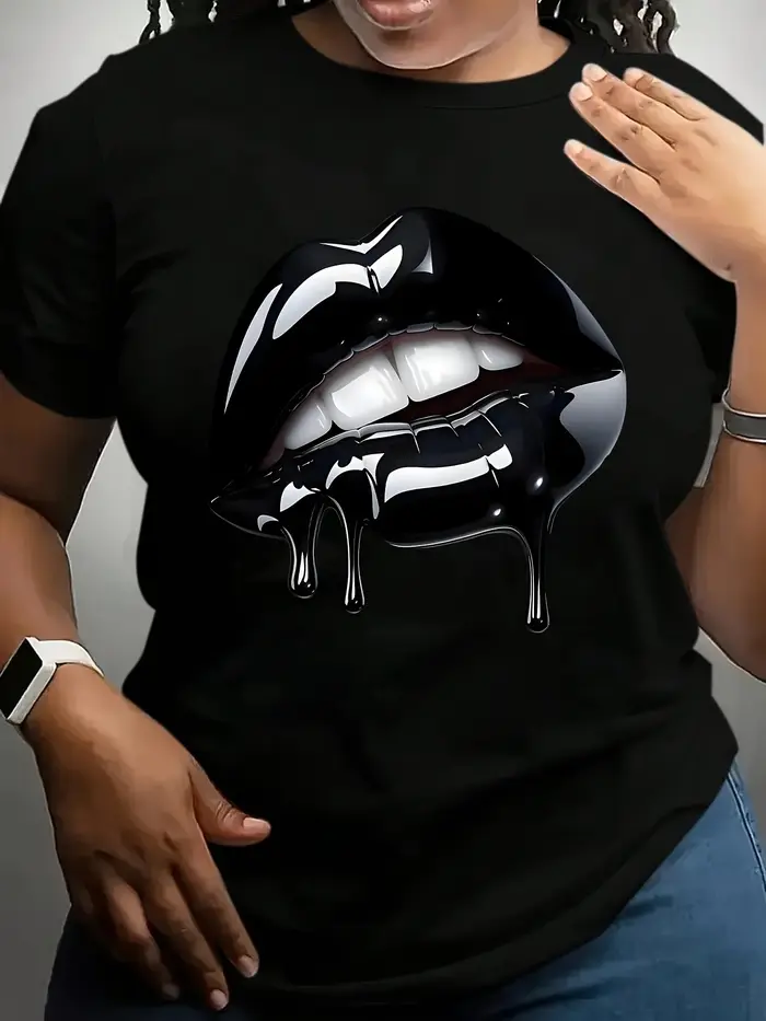 T-shirt surdimensionné pour femmes avec imprimé lèvres brillantes, col rond respirant, manches court