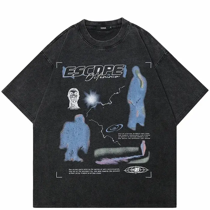 T-Shirt homme lavé noir Vintage Streetwear surdimensionné imprimé mode coréenne coton graphique évas