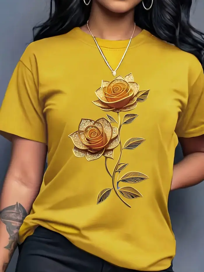 T-shirt jaune pour femme avec imprimé rose doré