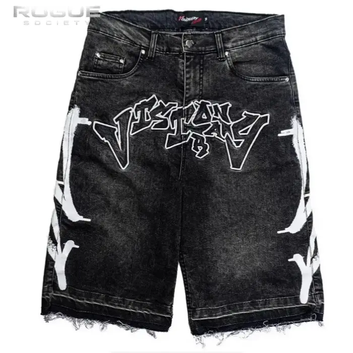 Shorts en jean délavé bleu rétro pour homme, style Y2K, avec ourlet effiloché, motif graffiti, stree