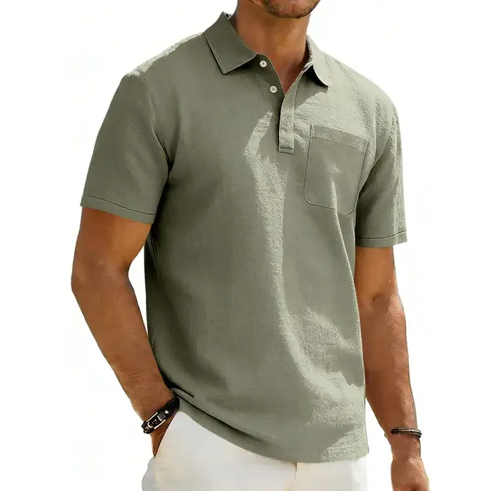 Polo à revers pour homme, T-shirt décontracté d'été en lin à manches courtes avec poche, Haut ample 
