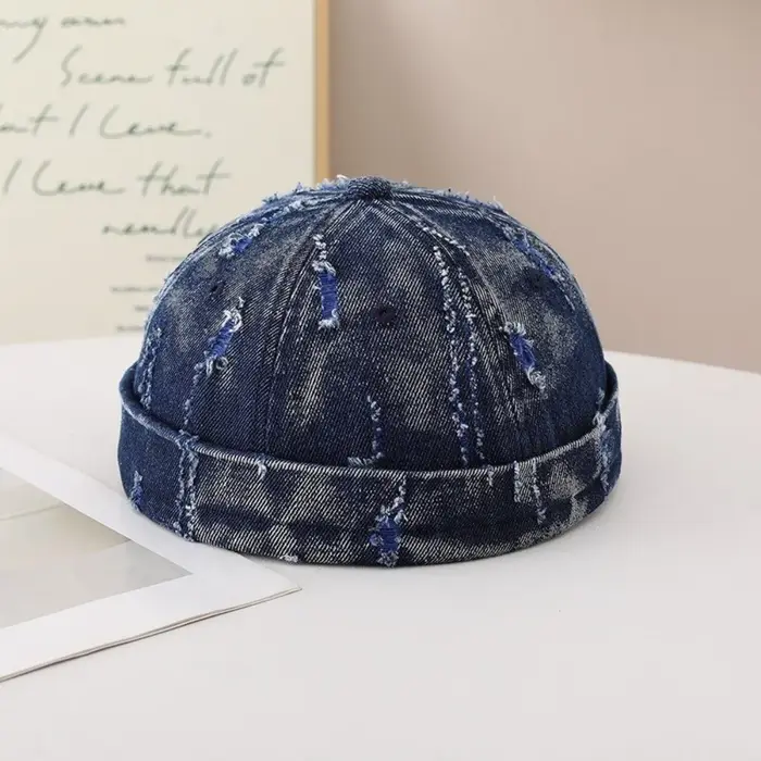 Casquette Docker en Denim Effiloché, Mélange Coton-Polyester, Imprimé Graffiti, Bonnet Sans Visière, Bords Effilochés Ajustables
