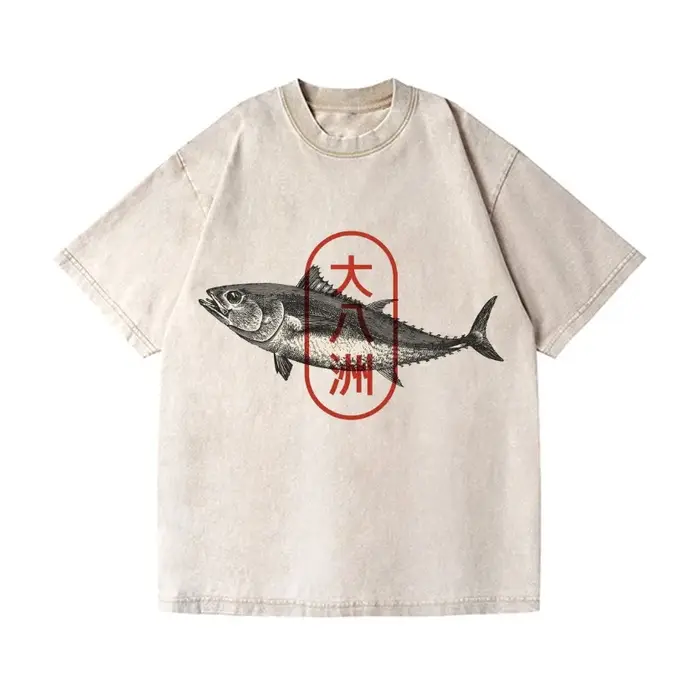 Mode d'été 100% coton lavé acide T-shirts hommes grandes huit îles du japon thon poisson Vintage lav