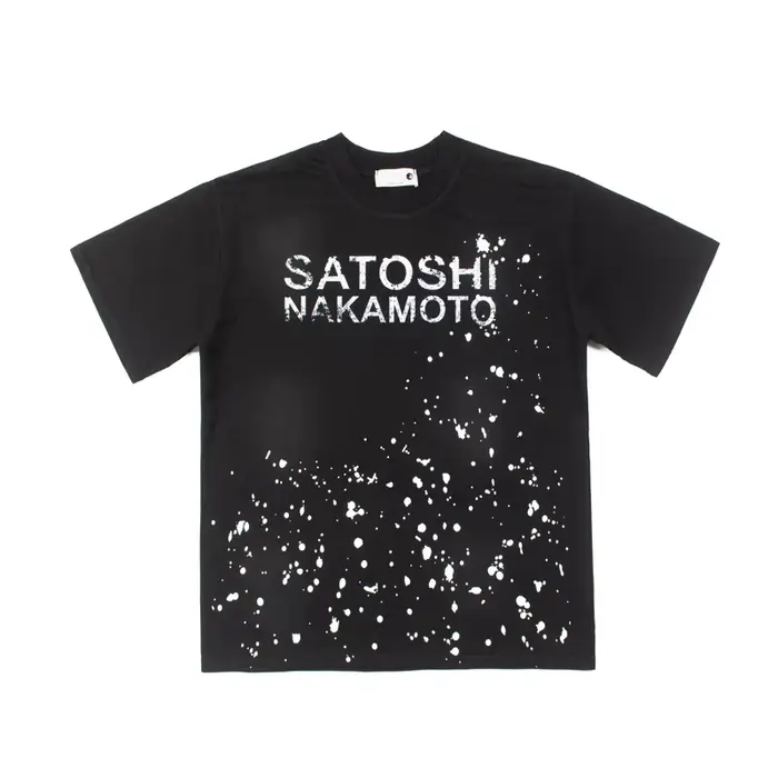 T-shirt Satoshi Nakamoto imprimé lettres effet éclaboussures d'encre, manches courtes, vintage, coup