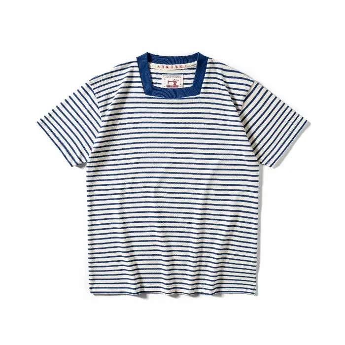 T-shirt rayé à col carré original, T-shirt pour hommes en pur coton lourd, chemise rétro lavée avec 