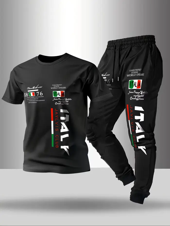 Ensemble T-shirt et pantalon à col rond pour hommes, mode d'été, lettres italiennes imprimées, respi