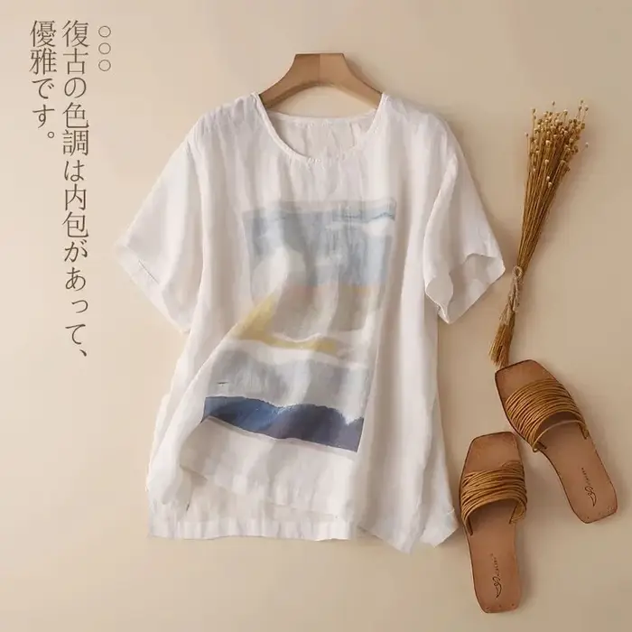 Blanc cravate colorant Art impression coton lin col rond manches courtes T-Shirt femmes Blouse chemi