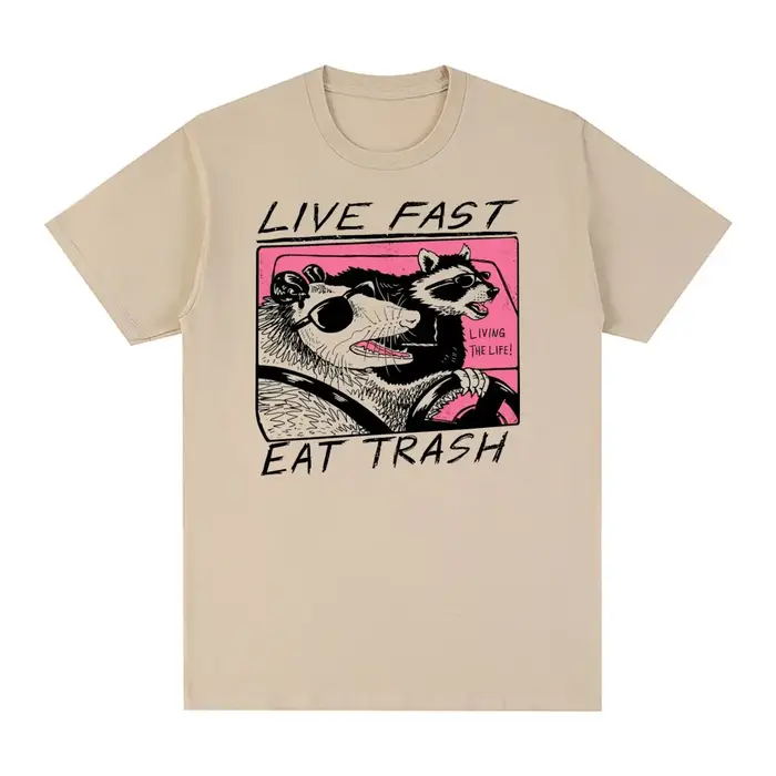 T-shirt décontracté en coton pour hommes et femmes, vêtements d'été cool, Live Fast Eat Trash, Vinta