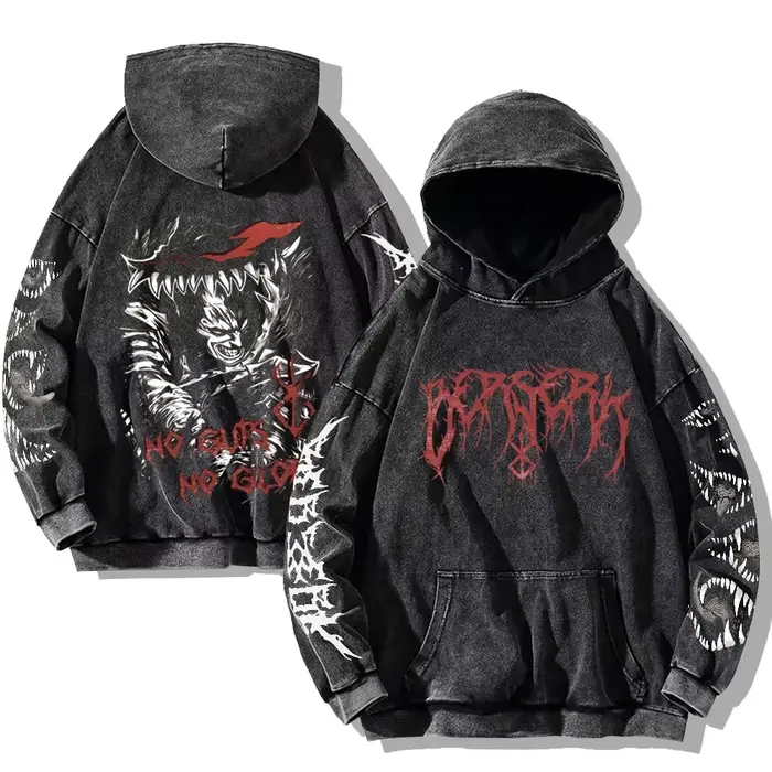 Hommes Berserk sweats à capuche imprimé gothique Vintage lavé