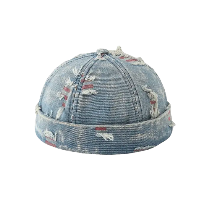 Casquette Docker en Denim Effiloché avec Imprimé Graffiti, Bonnet sans Visière, Réglable, Mélange Co