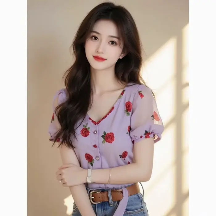 Chemise à manches courtes et col en v pour femmes