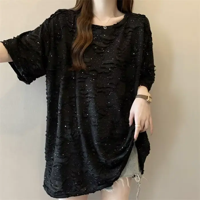 Trou grande taille rue décontracté hauts été nouveau à manches courtes en vrac solide jeunesse mode t-shirts paresseux Style coréen femmes vêtements