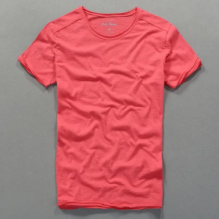 T-shirt col rond pour hommes en coton flammé en détresse mode d'été mince décontracté couleur unie col effiloché et