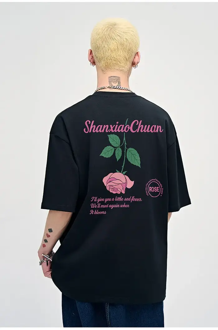 T-shirt rétro à manches courtes avec motif rose et style américain, coupe ample et épaisse pour homm