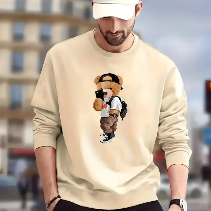 Sweat-shirt à imprimé ours en peluche pour homme, pull à col rond, design graphique décontracté, aut