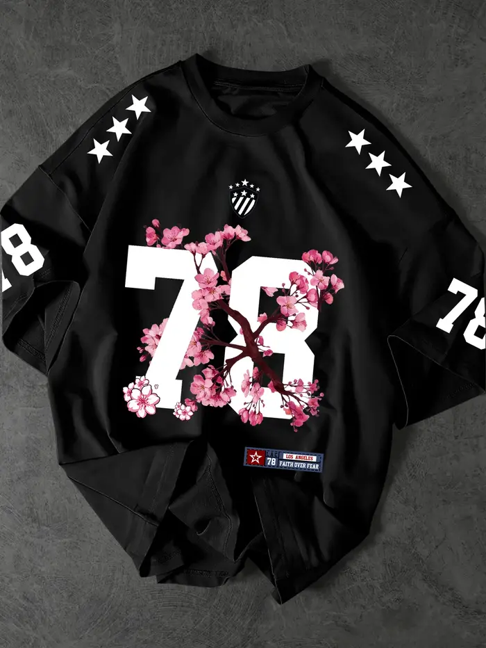 T-shirt Streetwear pour Homme 78, Imprimé Graphique Fleur de Cerisier Rose, Col Rond, Manches Courte