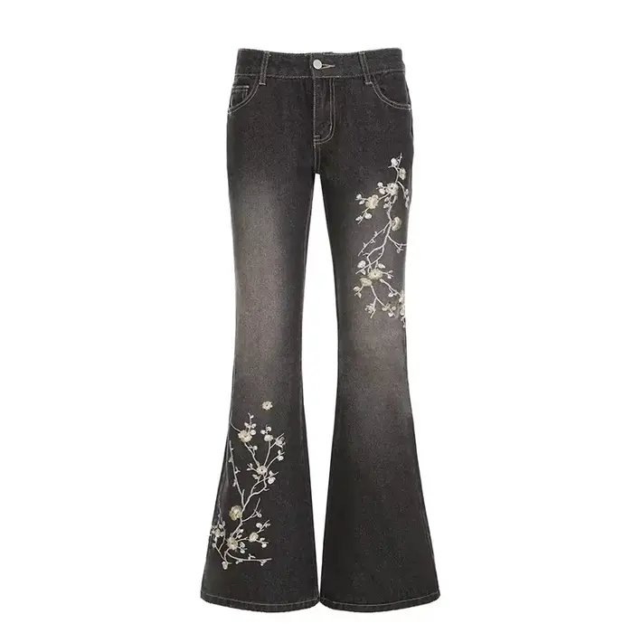 Jean vintage coupe bootcut taille basse pour femme, style urbain, effet amincissant, broderie végéta