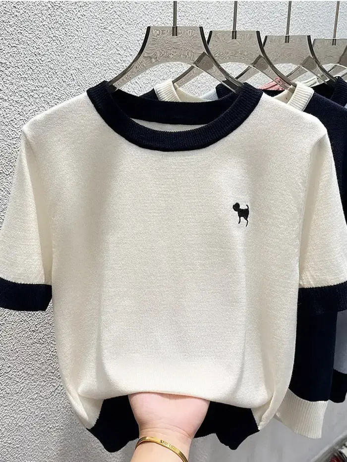 T-shirt brodé en soie glacée pour femmes, col rond, haut à manches courtes, tricoté, à la mode, déco