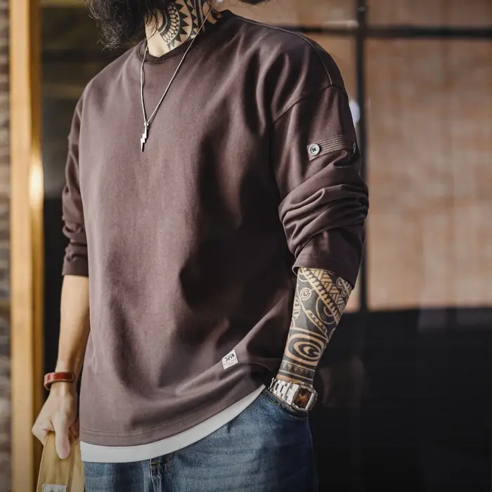 Maden T-shirt vintage à col en V pour homme, manches longues, couleur unie, pull basique décontracté en tricot pour le printemps et l'automne