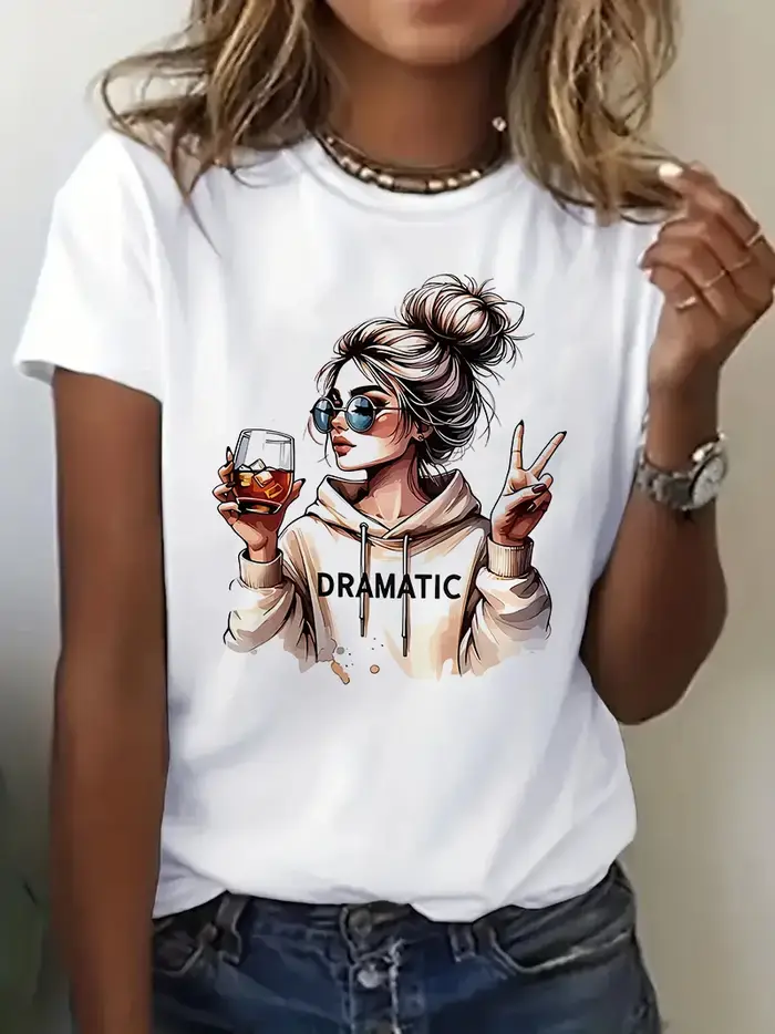 T-shirt décontracté pour femme style streetwear années 90, imprimé graphique « Dramatic » avec motif