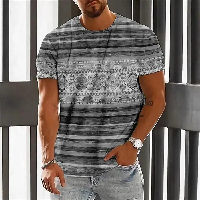 Bohème impression 3D T-Shirt pour hommes ethnique col rond manches courtes hauts géométrique Harajuk