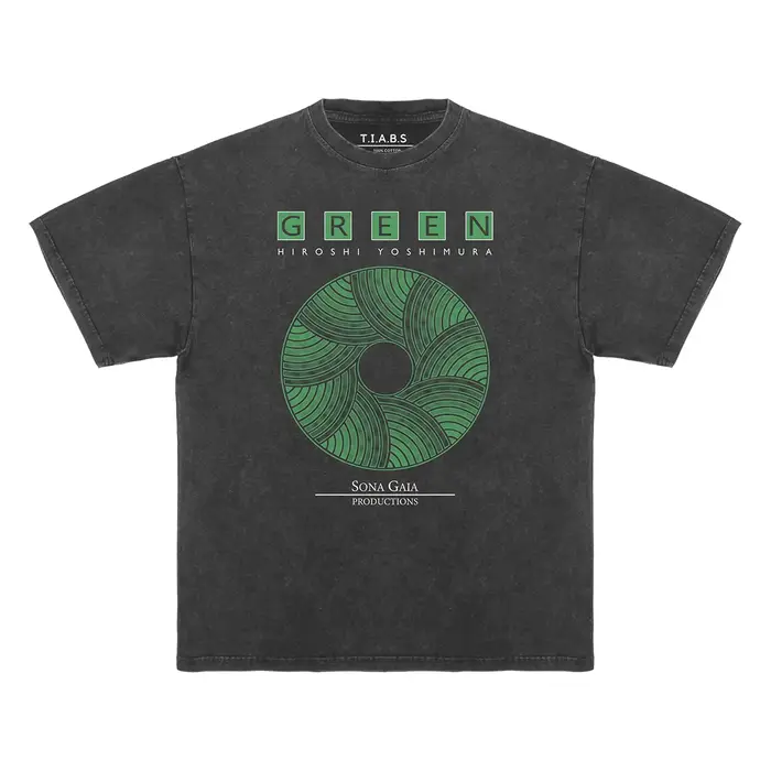 Hiroshi Yoshimura T-Shirt vert Inoyama Land Brian Eno lavé ample épaule tombante rétro hommes manche