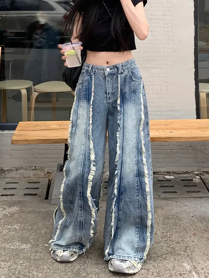 Jean Baggy Empilé Bleu Délavé à Jambes Larges pour Femme, Pantalon Droit, Style Streetwear, Années 2