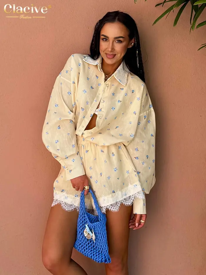 Ensemble 2 pièces imprimé ample Clacive Fashion pour femme – Chemise élégante à manches longues et short taille haute – Vêtements féminins Streetwear