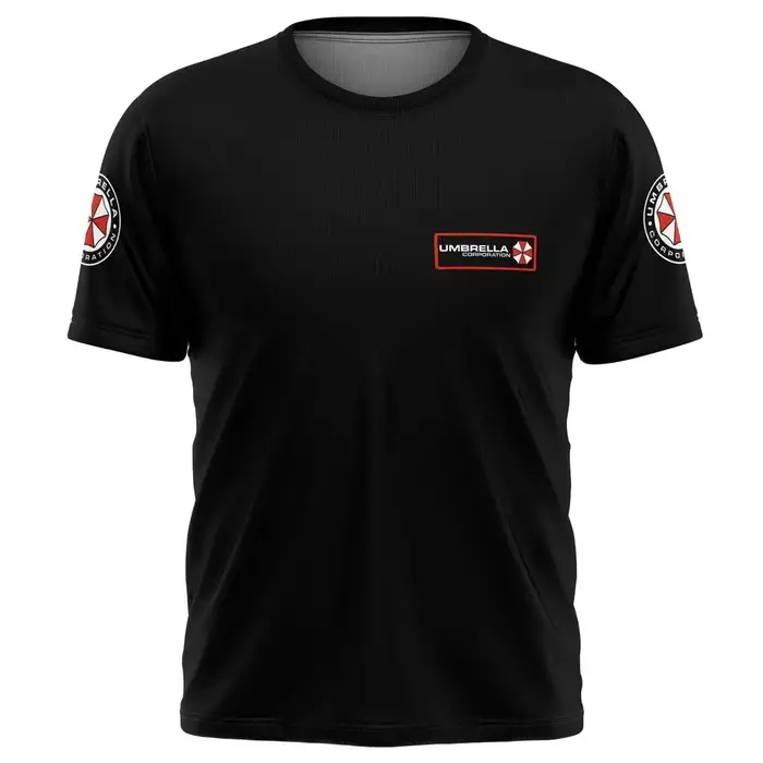 Resident Evil Umbrella Corporation T-shirt – Logo et slogan emblématiques noirs imprimés en 3D, parf
