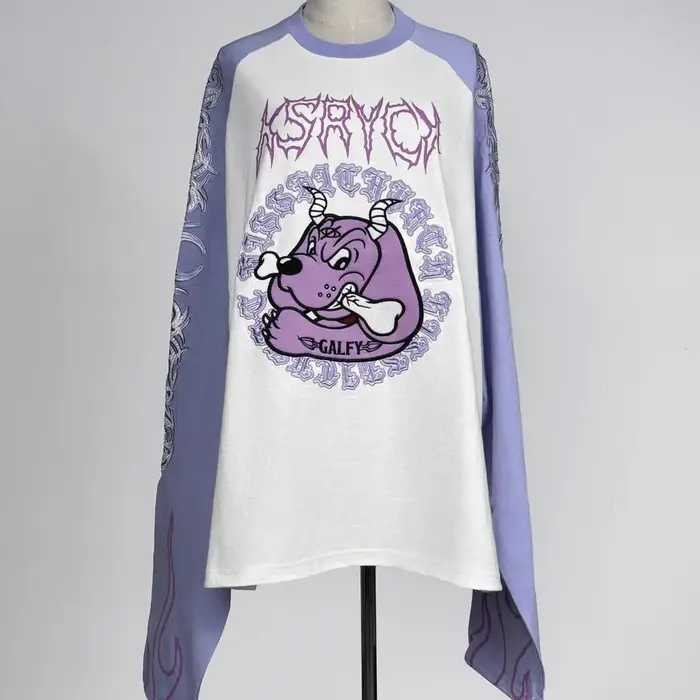 Japonais Harajuku Streetwear co-marqué sous-culture tatouage broderie flamme à manches longues T-Shi