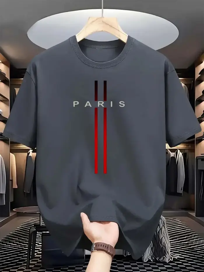 Été Paris hommes nouvelle rayure imprimé confortable et respirant col rond T-shirt extérieur urbain haut décontracté