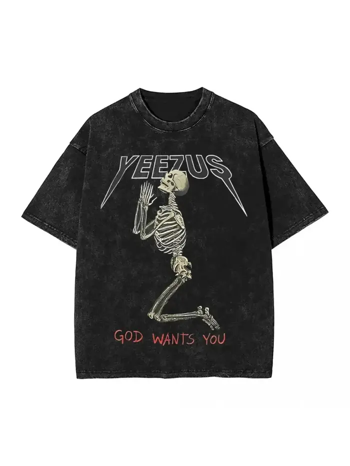 T-shirt Yeezus Kanyyee délavé, grande taille, style streetwear avec motif « God Wants You », rétro h