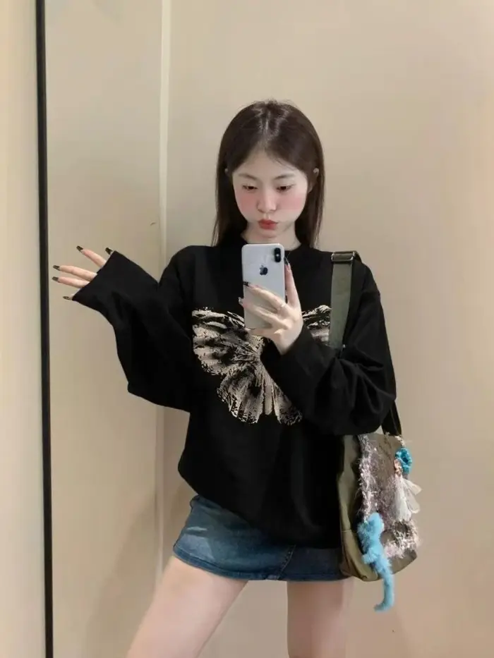 T-shirt ample à manches longues pour femmes, 100% coton, imprimé rétro, haut basique décontracté pour printemps et automne, mode, vêtements confortables et tendance