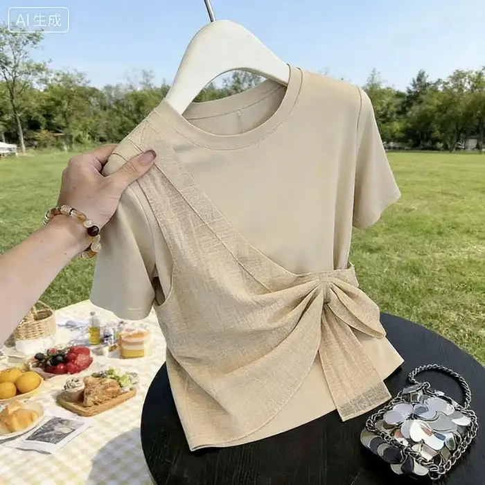 T-Shirt à manches courtes pour femmes, en tissu patchwork plié, décontracté, ample, pour loisirs, Su