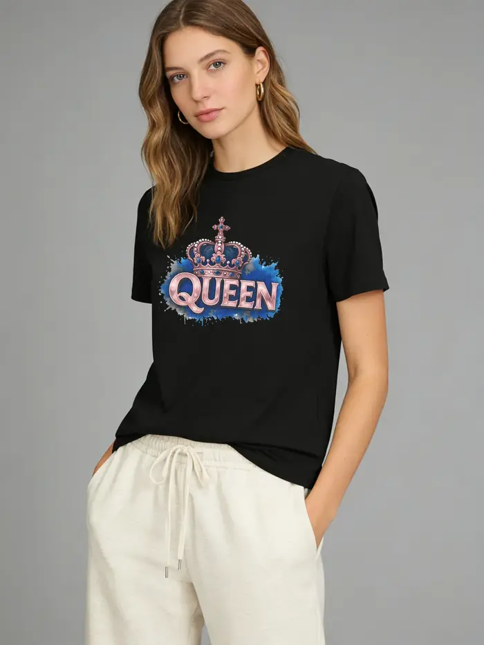 T-shirt Queen Crown pour femmes, rose et bleu, avec image graphique, décontracté, col rond, manches 