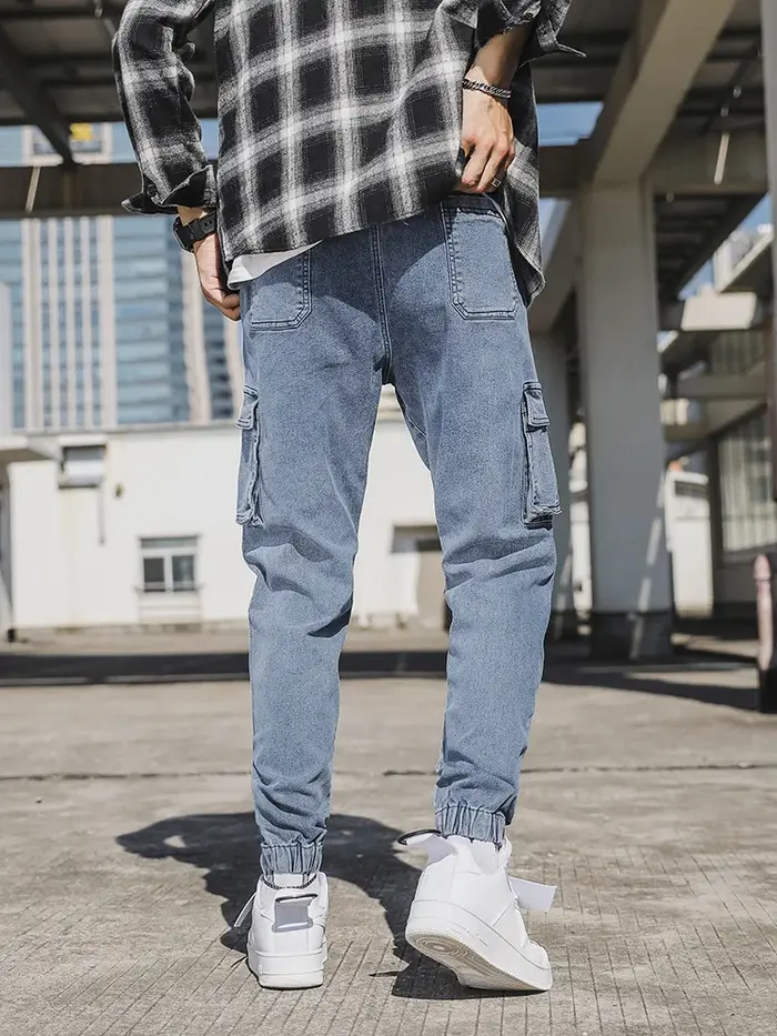 Jeans Jogger pour Hommes en Coton Lavé Légèrement Extensible Multi-Poches Denim Cargo Taille Asiatique L-6XL