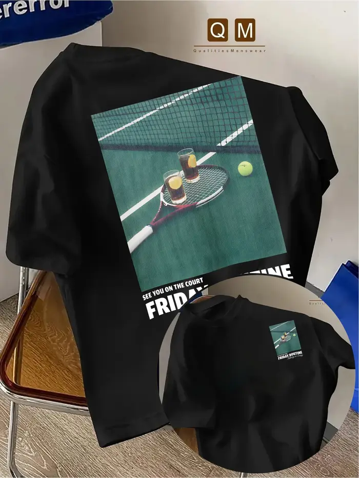 T-shirt décontracté rétro à motif sur le thème du tennis pour hommes. Trendline Imprimé double face,