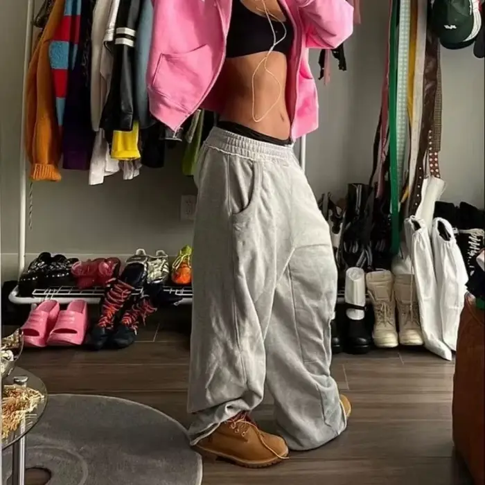 Baggy femmes gris pantalons de survêtement surdimensionné mode coréenne
