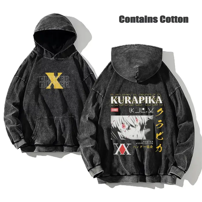 Sweat à capuche délavé Anime Hunter X Hunter, imprimé Manga, pour hommes, pull Harajuku, contient des sweats en coton, vêtements unisexes