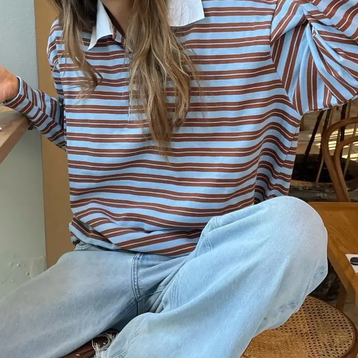 Femmes automne rayé Rugby T-Shirts Y2k Vintage à manches longues surdimensionné sweats col rabattu chemises décontractées hauts pullover