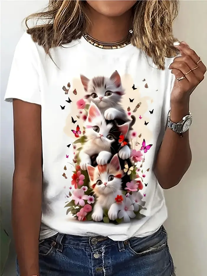 T-Shirt imprimé chat mignon pour femmes