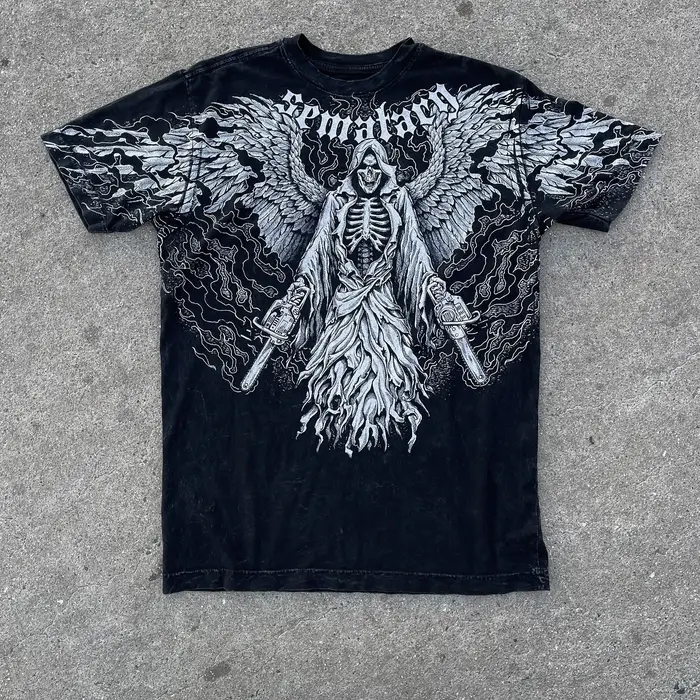 Graffiti Style gothique T-Shirt hommes américain Vintage multi-éléments haute rue surdimensionné coton unisexe été haut