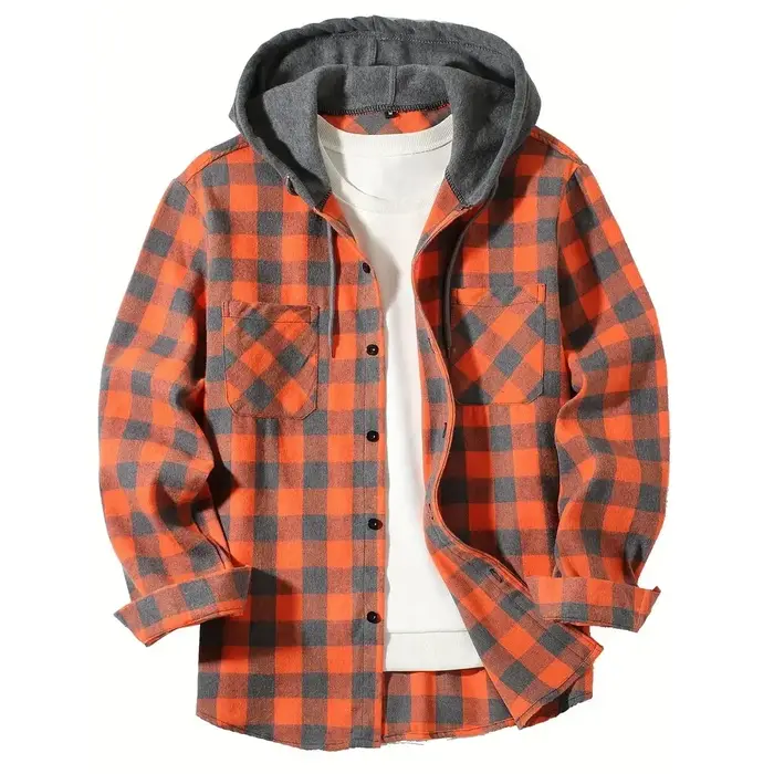 Chemises pour hommes classique Plaid décontracté boutonné à capuche à manches longues Double poches chemise à capuche flanelle veste printemps haut d'automne