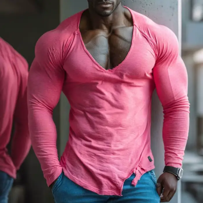 T-shirt de fitness à manches longues et col en V pour homme, vêtements d'entraînement basiques tenda