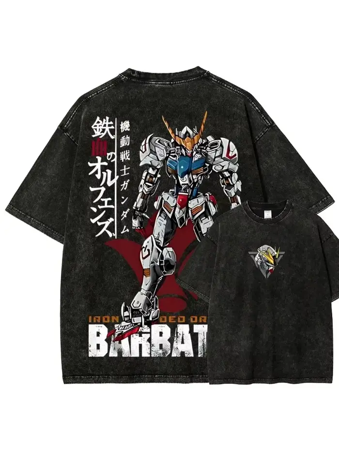 T-shirt Gundam Barbatos pour hommes, IBO Vintage Acid Wash Mecha Streetwear, rétro, Iron Blooded Orp
