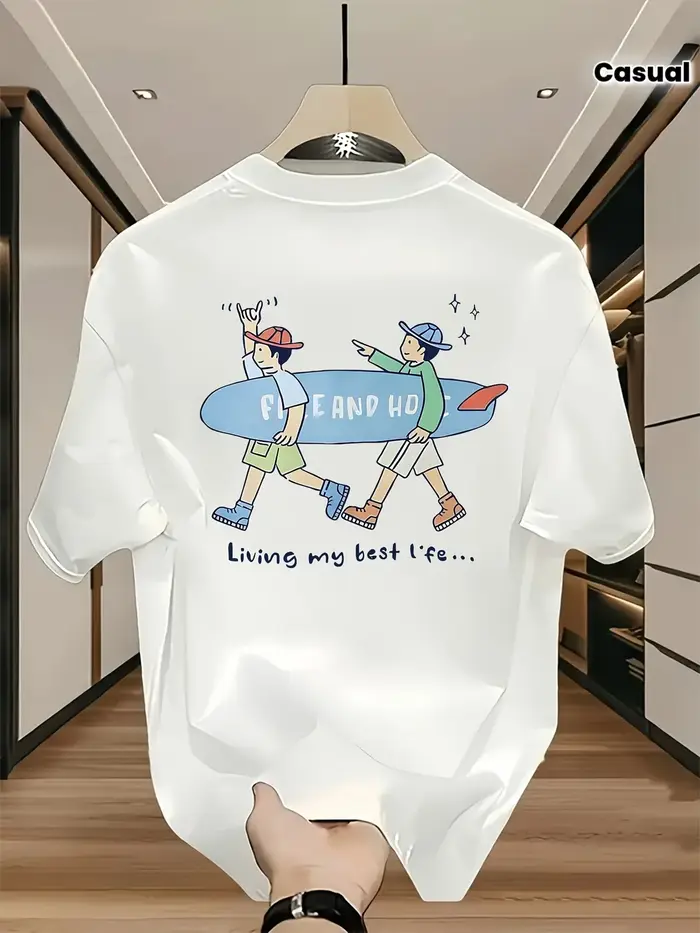 T-shirt pour homme 100% coton avec imprimé surf, style île fraîche, haut unisexe ample et confortabl