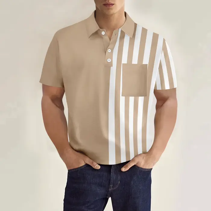 Nouveau T-shirt décontracté pour homme avec poche poitrine, col en V, boutons, imprimé rayé, polyval